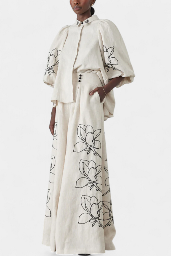 Helen Conjunto Floral de Pantalón Ancho y Manga Globo