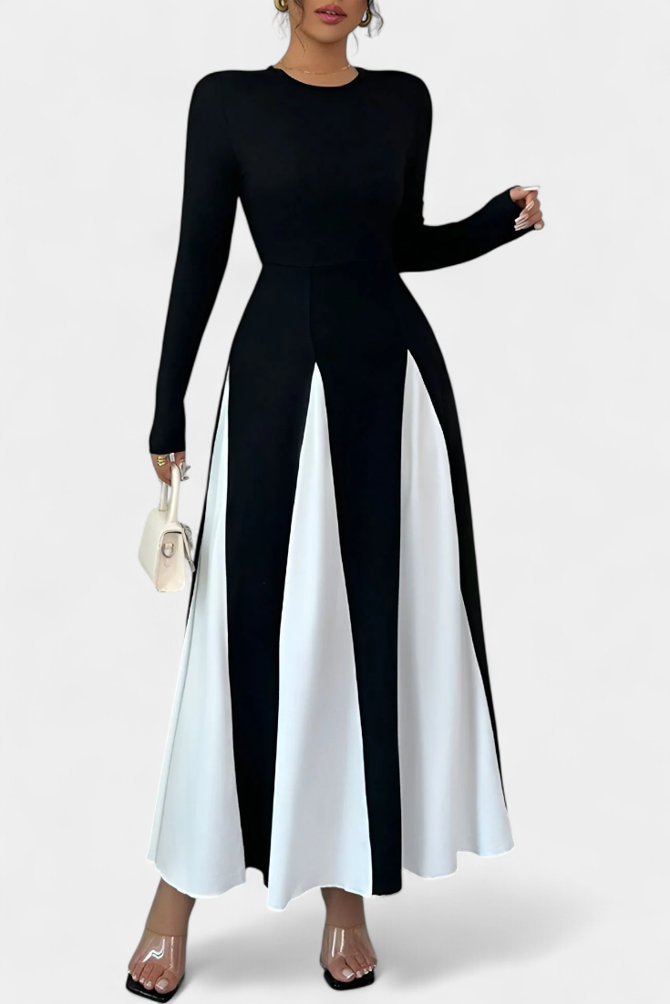 Veronique Vestido Maxi de Manga Larga en Contraste de Color