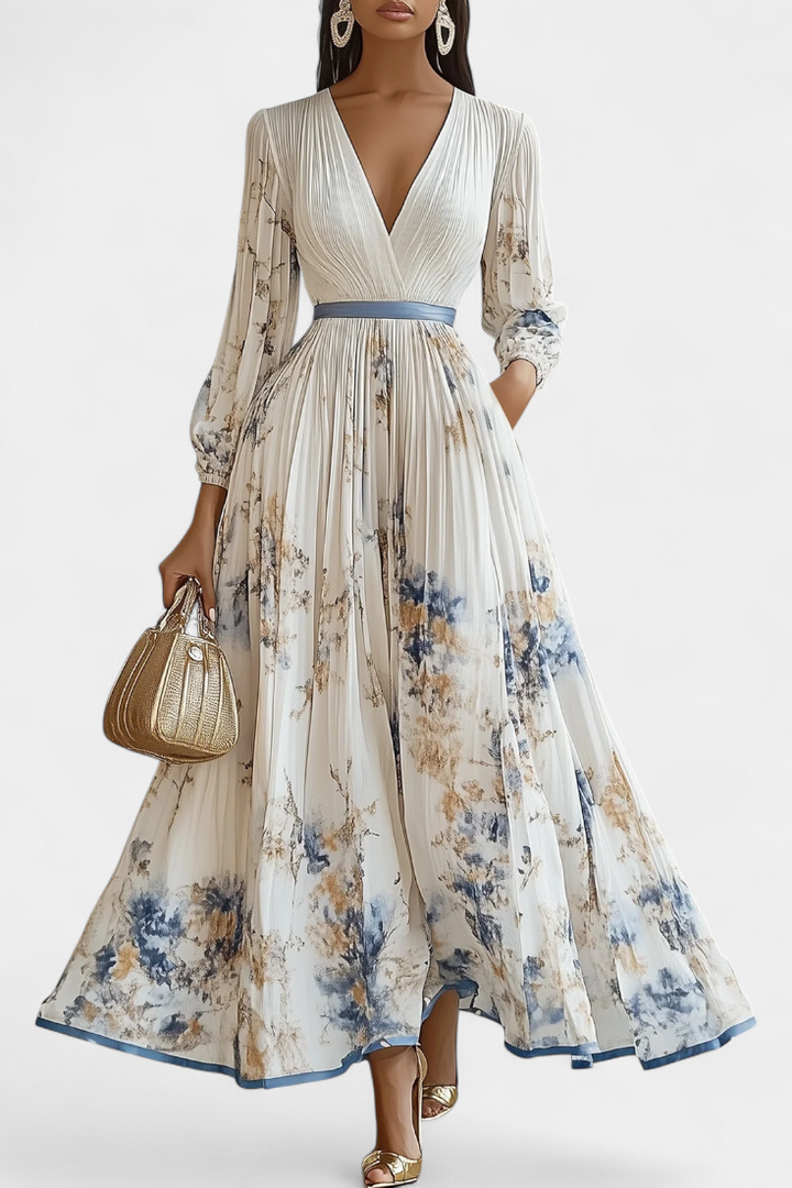 Phaedra Vestido Largo de Gasa Plisada con Mangas Globo