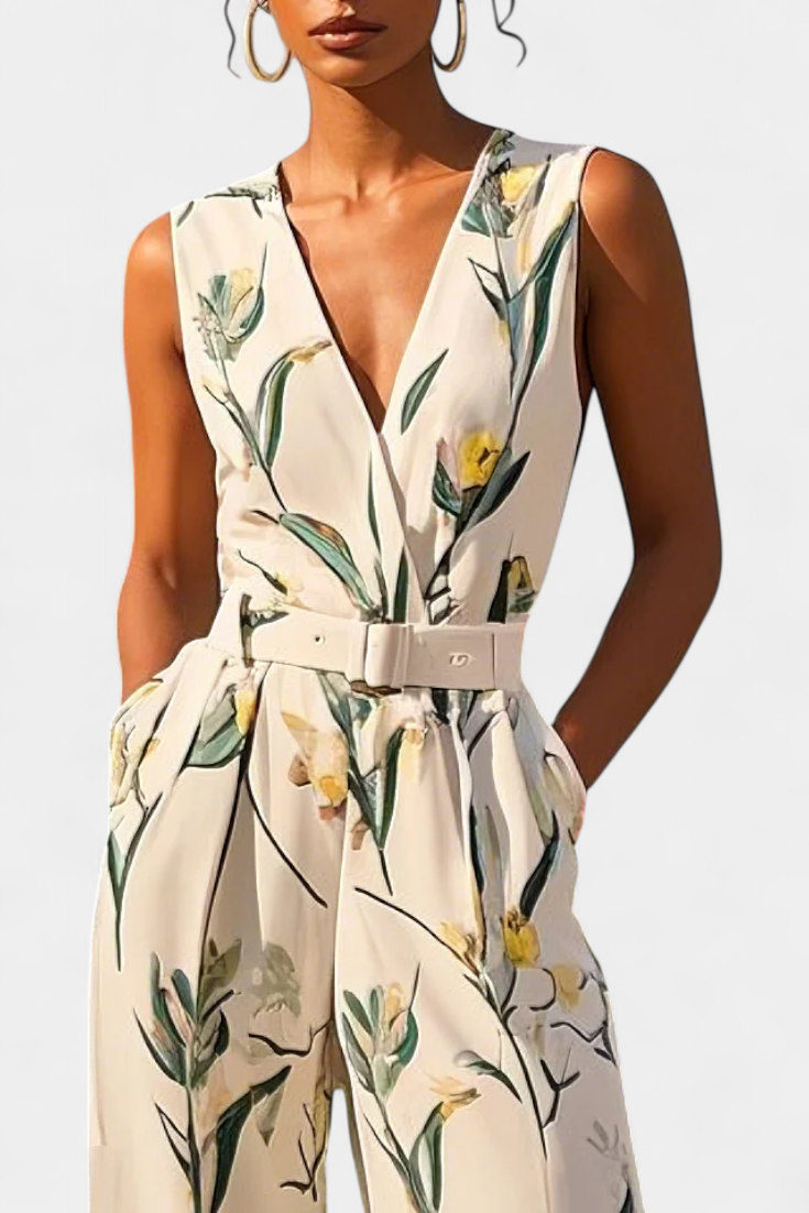 Slara Mono Largo de Vacaciones con Escote en V y Cinturón Ajustable