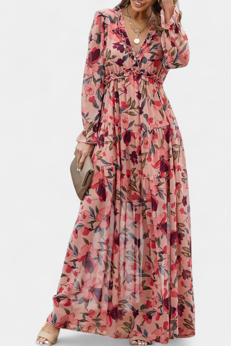 Keti Vestido Maxi Floral con Mangas Largas y Volantes Delicados