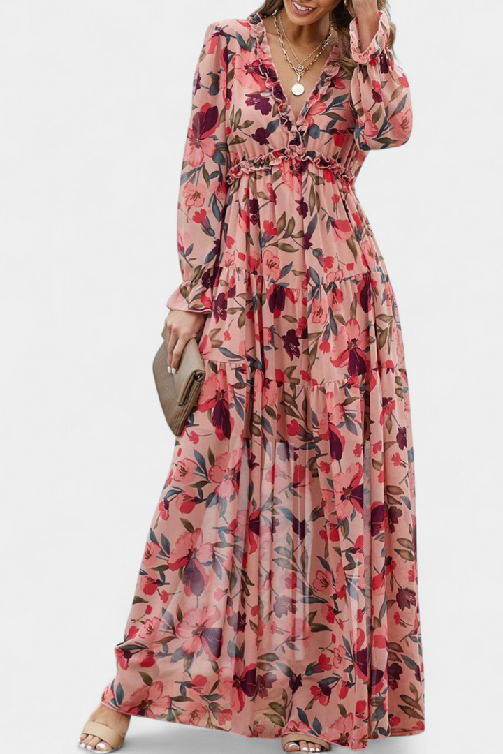 Keti Vestido Maxi Floral con Mangas Largas y Volantes Delicados