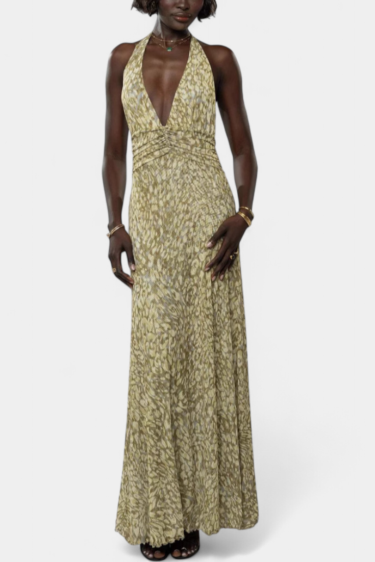 Melodía Vestido Maxi de Lunares con Escote Halter y Cintura Fruncida