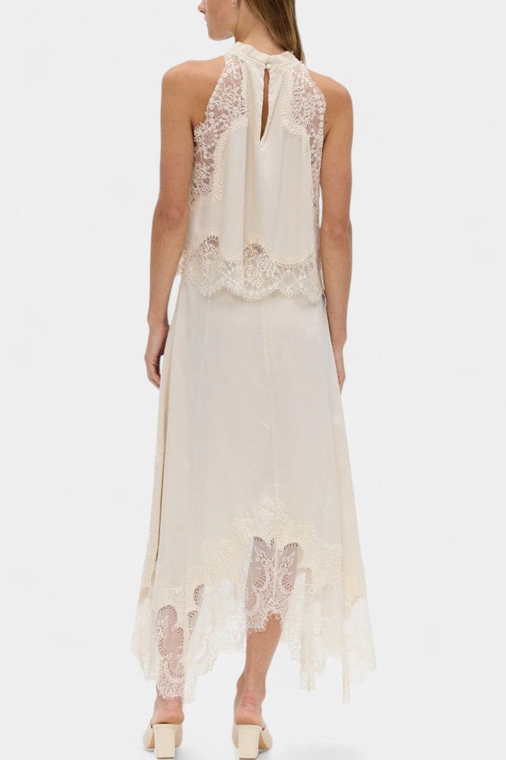 Coralena Conjunto de Falda Midi de Encaje con Dobladillo Asimétrico