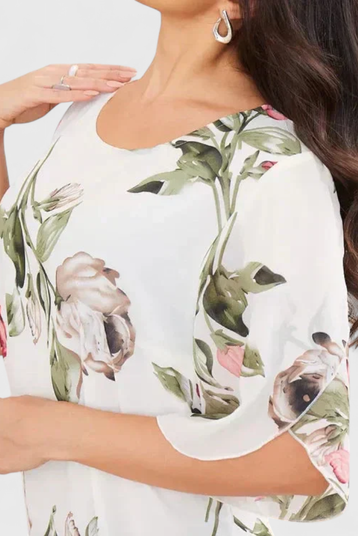 Tameka Vestido de Gasa Fluida con Pétalos y Mangas Transparentes