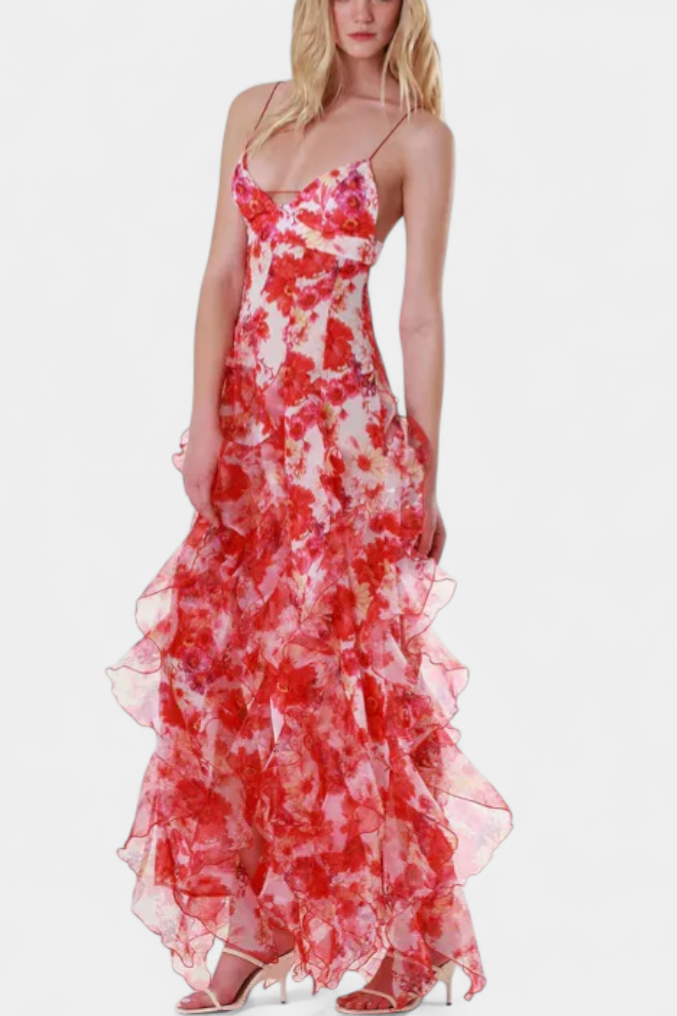 Bonnie Vestido Maxi con Volantes Florales y Corte Lateral