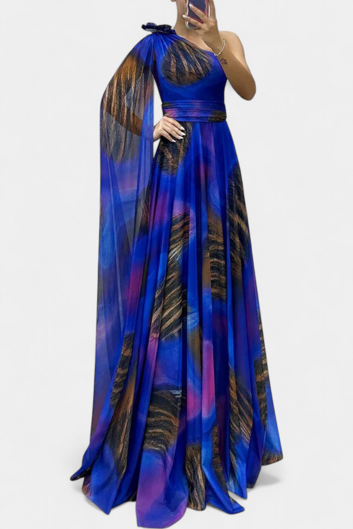 Cedara Vestido Largo de Un Hombro con Detalle Floral