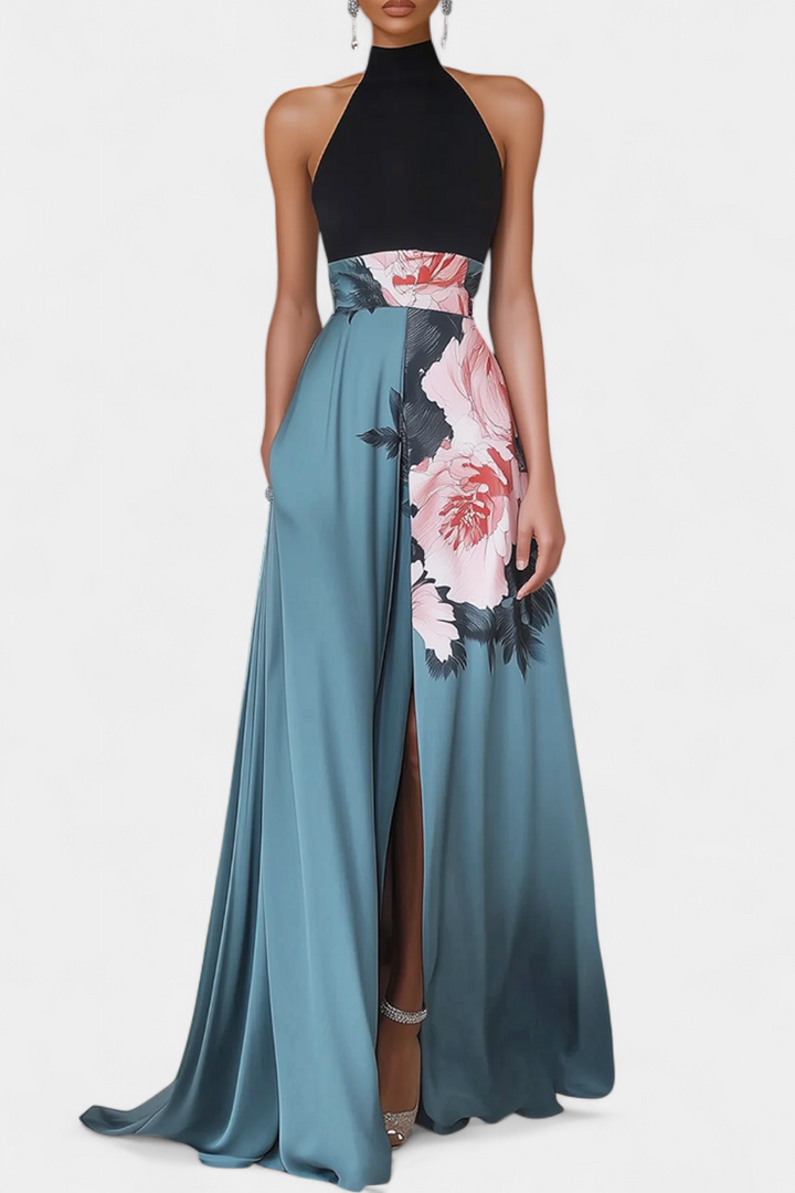 Radmila Vestido A-Line con Cuerpo Negro y Falda Floral en Contraste