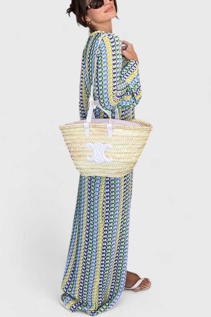 Crisanta Vestido Largo Estampado con Ondas Multicolores y Manga Larga