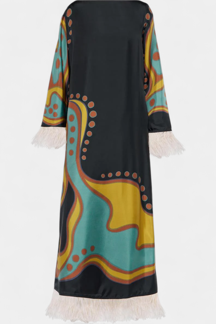 Kiara Vestido Maxi Retro con Flecos de Plumas