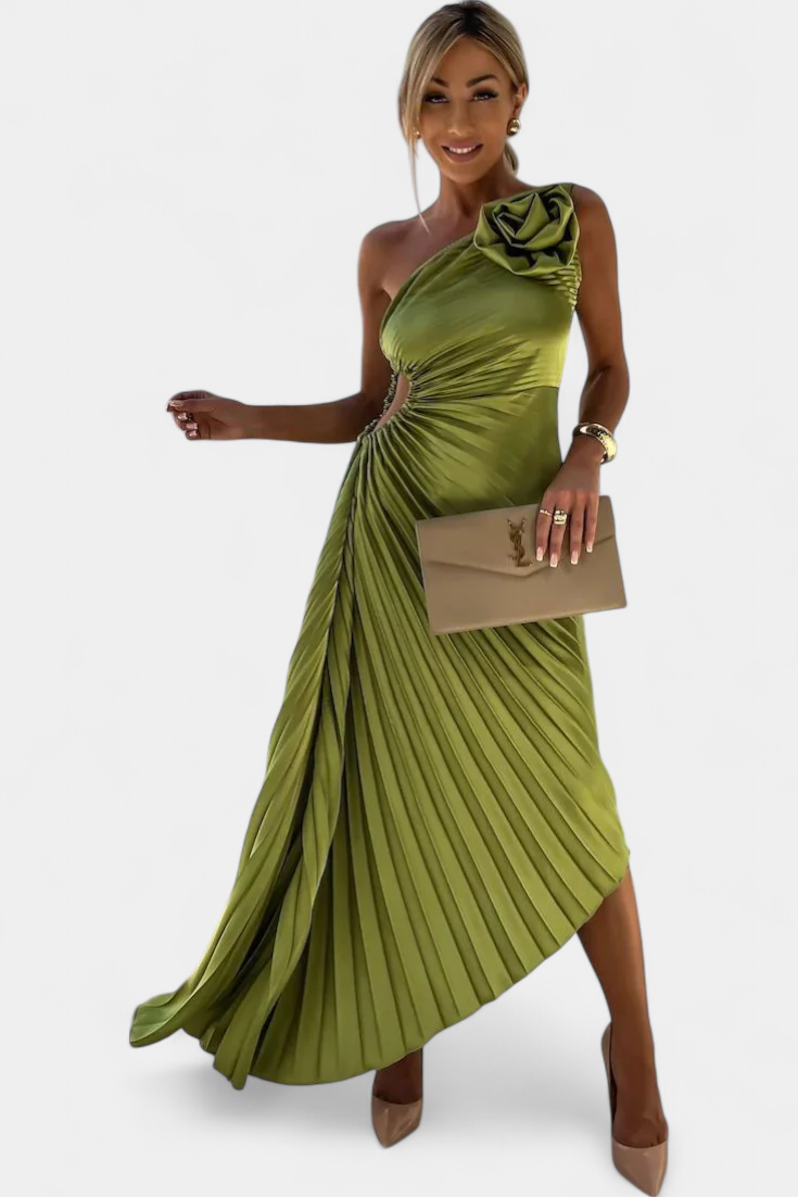 Leire Vestido de Cóctel Asimétrico con Aplique Floral y Falda Plisada