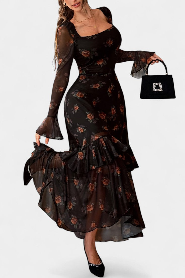 Amali Vestido Maxi de Estampado con Cuello Cuadrado