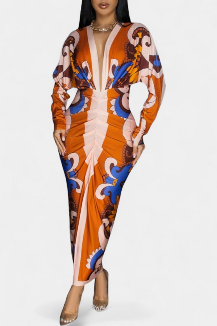 Diva Vestido Largo con Estampado Floral, Escote en V y Abertura Lateral