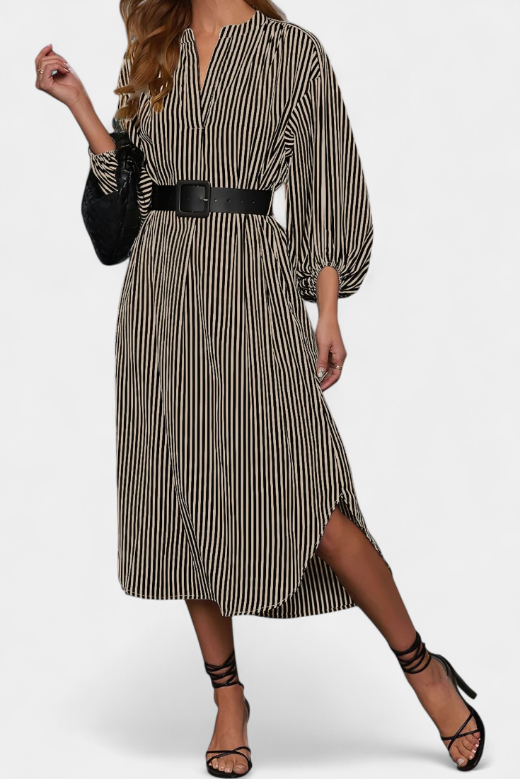 Eliana Vestido Rayado con Cinturón y Cuello de Muesca