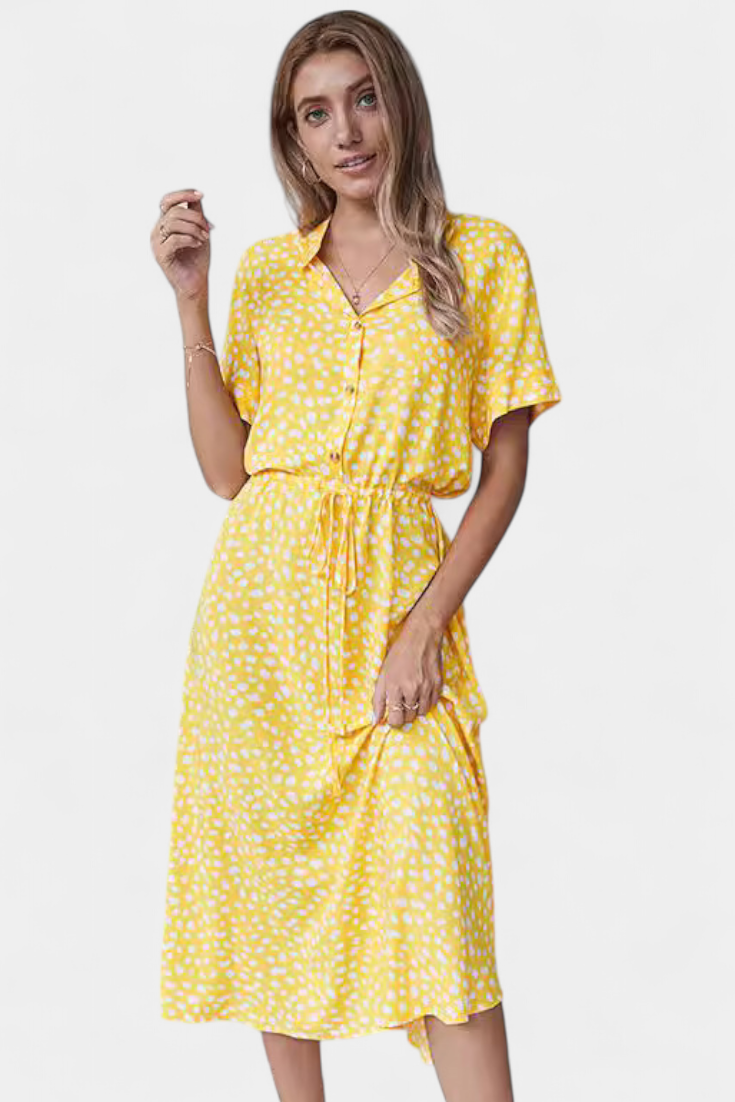 Rovena Vestido Midi de Lunares con Cuello Camisero y Cintura Ajustable