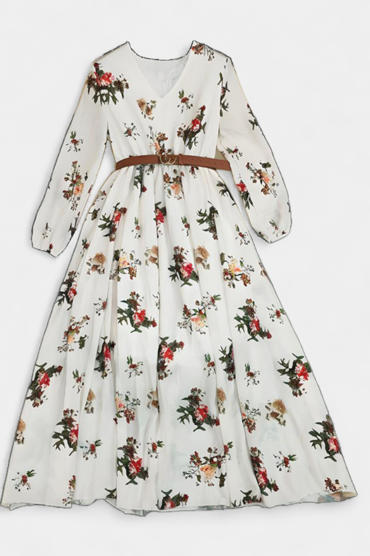 Amanda Vestido Maxi Floral con Cuello en V y Mangas Largas