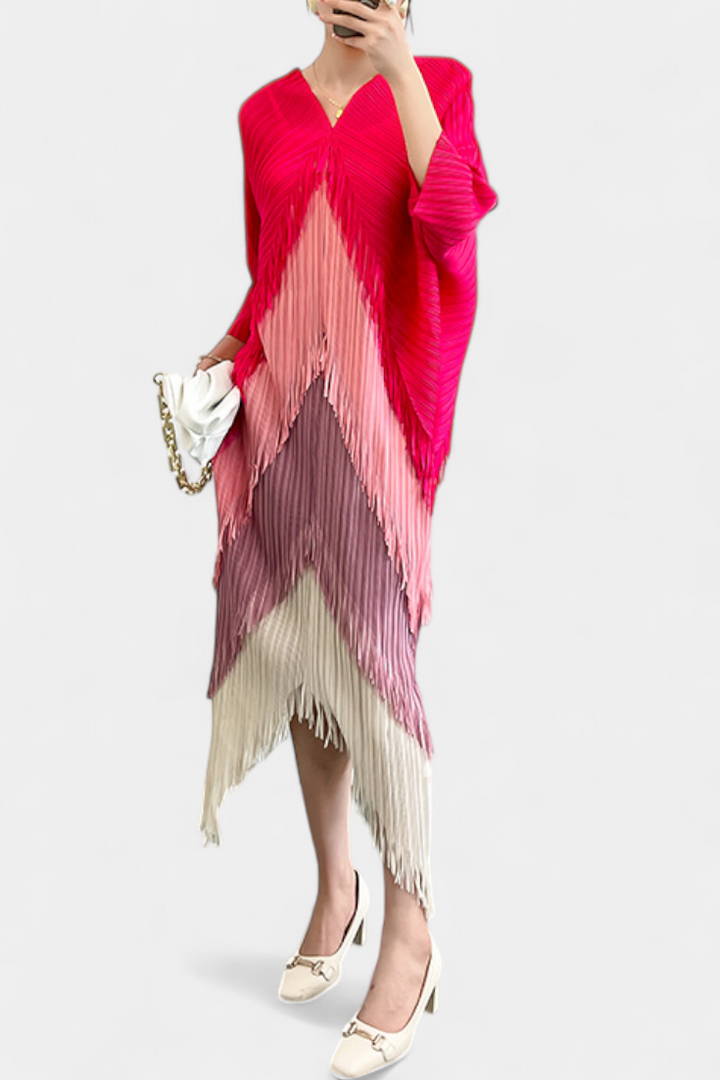 Andalusia Vestido con Borlas y Bloques de Color Contrastantes