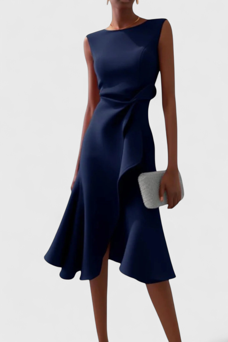 Claudia Vestido Midi Asimétrico con Drapeado Elegante