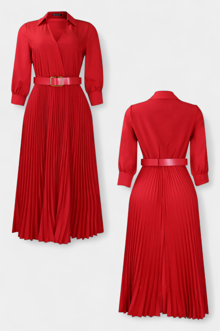 Michelle Vestido Midi con Cuello Sastrero y Cinturón Plisado