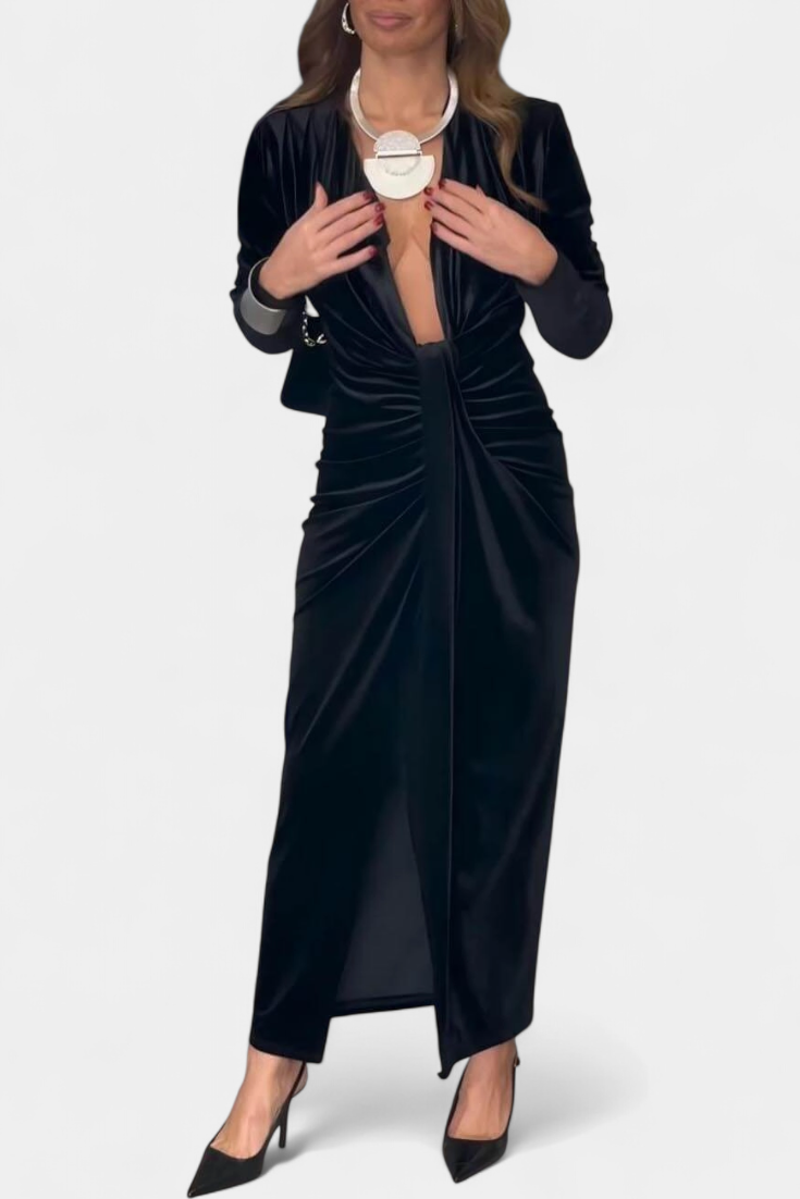 LaVerna Vestido Largo de Terciopelo Dorado con Cuello en V