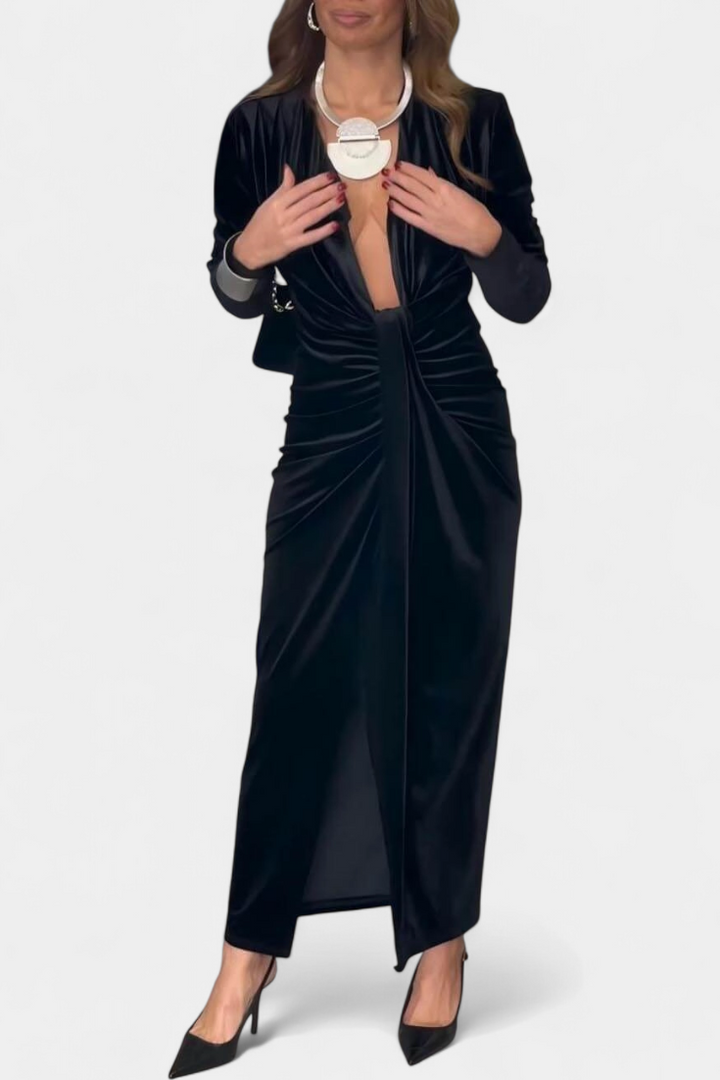 LaVerna Vestido Largo de Terciopelo Dorado con Cuello en V