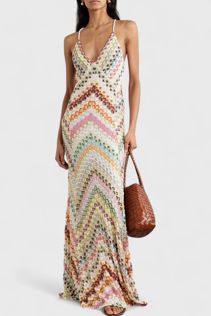 Agustina Vestido Largo de Encaje con Escote en V y Motivo Zigzag