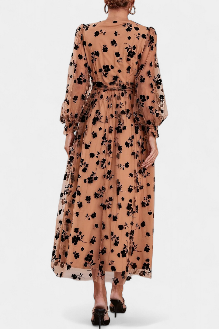 Iolanda Vestido Maxi de Encaje Floral con Mangas de Linterna