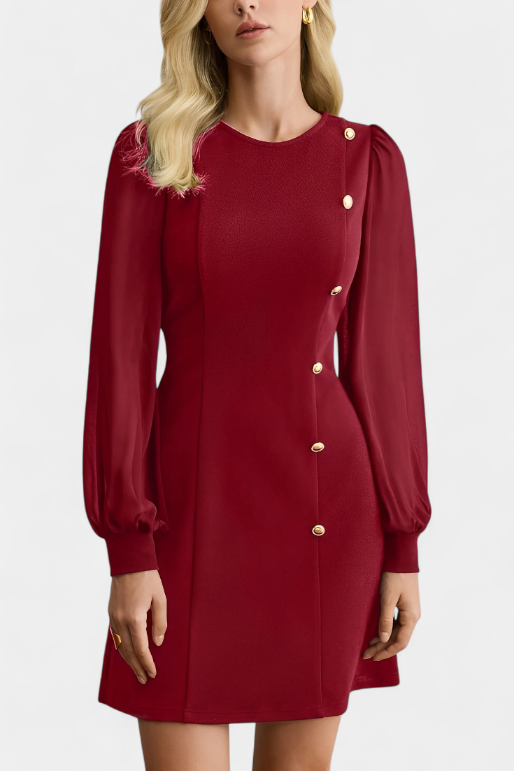 Jacequeline Vestido A-Line con Botones y Cuello Redondo