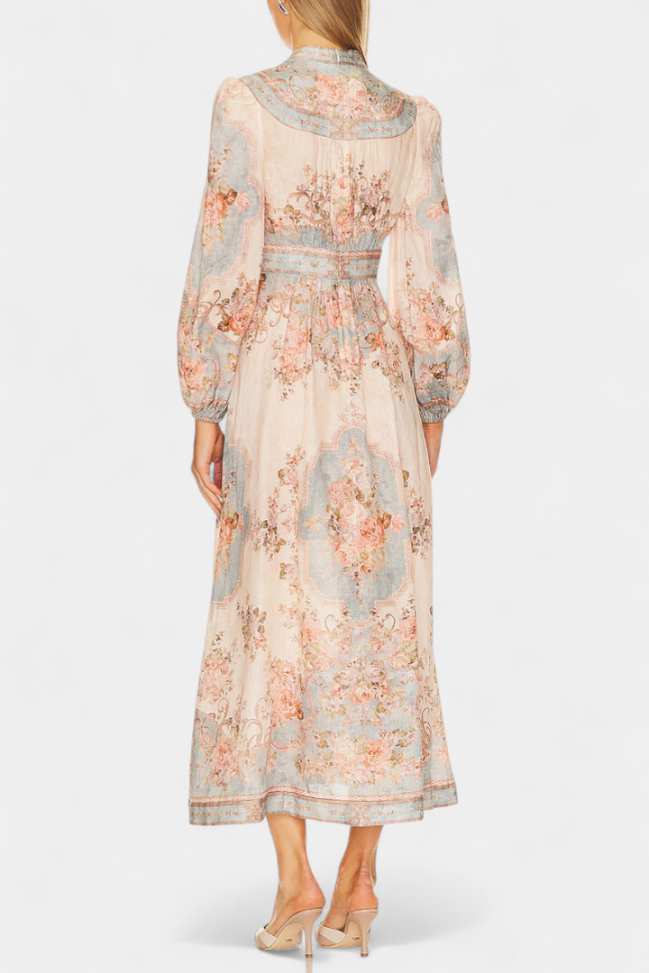 Dorotila Vestido Maxi Acampanado con Estampado Floral, Botones y Mangas Globo