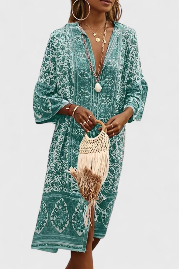 Chinara Vestido Largo Boho con Bordado Étnico y Silueta Relajada