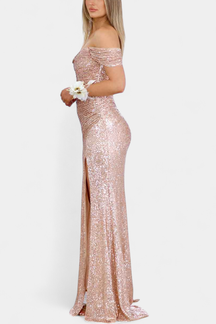 Molinas Vestido de Sirena Off-Shoulder con Lentejuelas