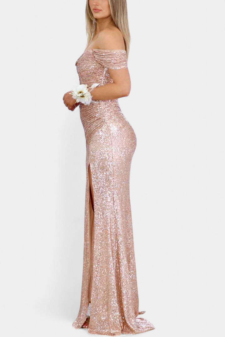 Molinas Vestido de Sirena Off-Shoulder con Lentejuelas