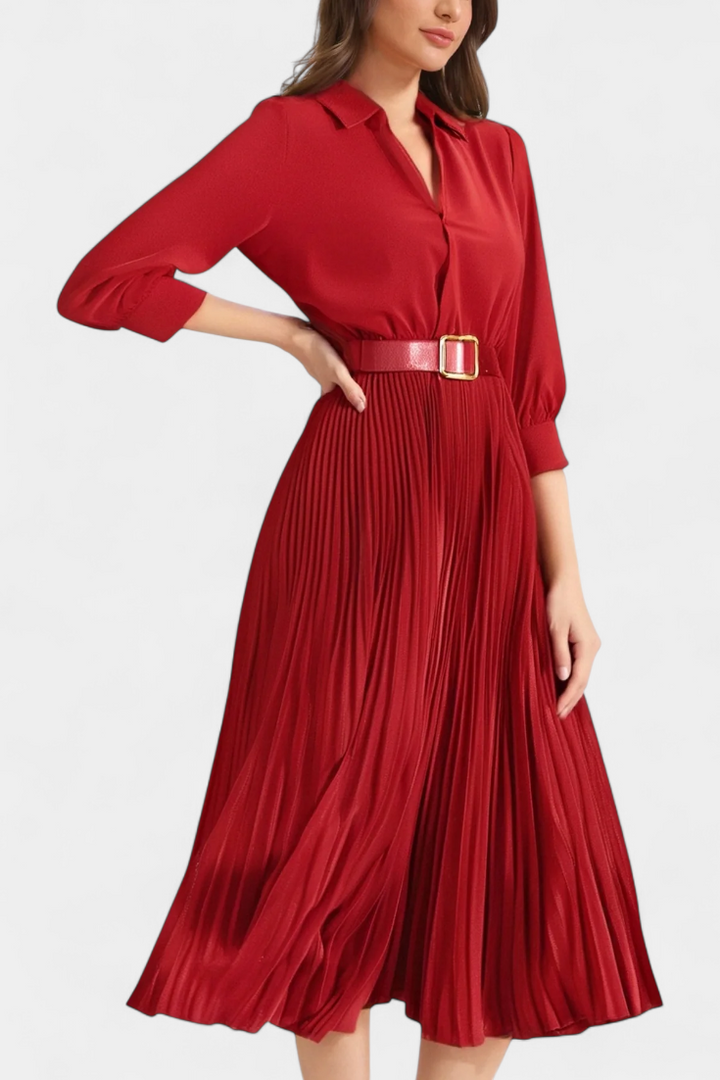 Michelle Vestido Midi con Cuello Sastrero y Cinturón Plisado