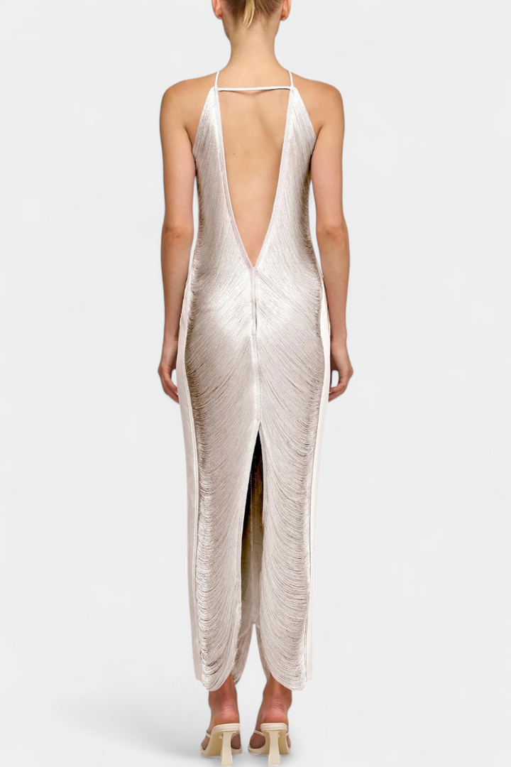 Jianna Vestido Halter con Flecos Metálicos
