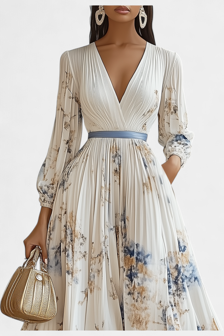 Phaedra Vestido Largo de Gasa Plisada con Mangas Globo