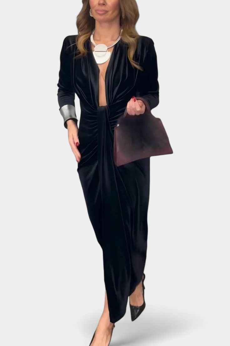 LaVerna Vestido Largo de Terciopelo Dorado con Cuello en V