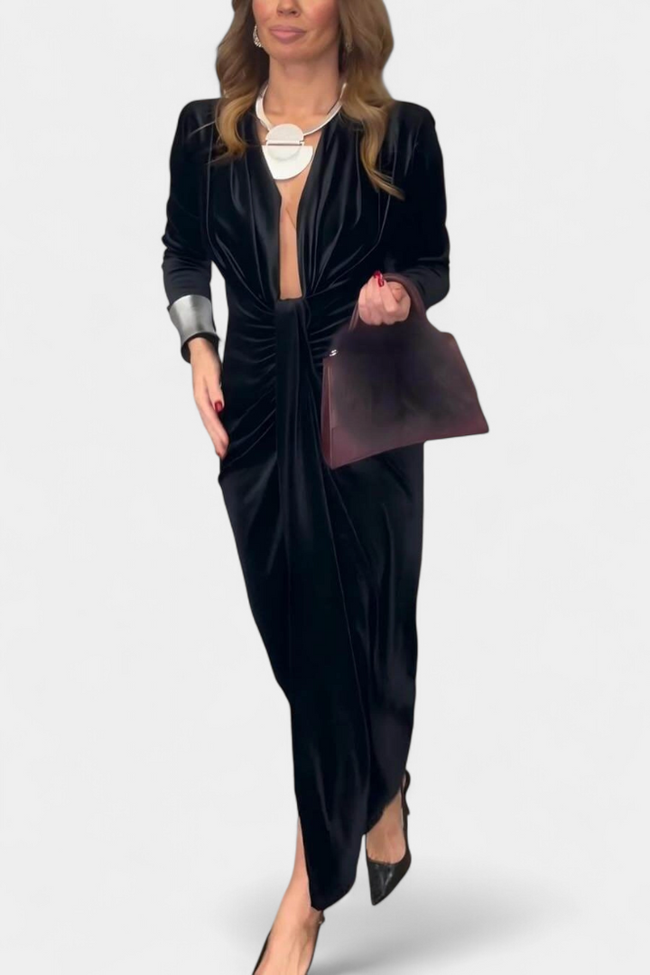 LaVerna Vestido Largo de Terciopelo Dorado con Cuello en V