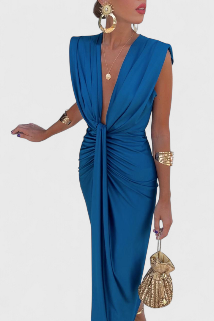 Lakisha Vestido Midi Fruncido con Escote Profundo