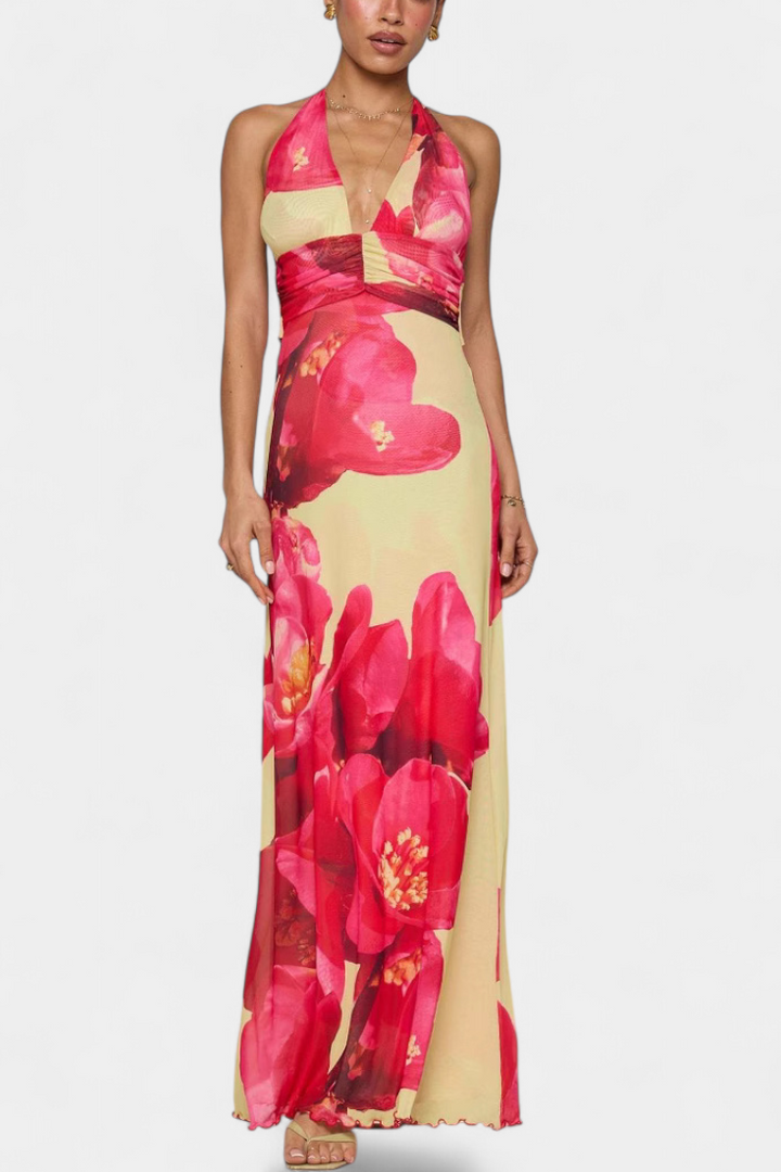 Melodía Vestido Maxi de Lunares con Escote Halter y Cintura Fruncida