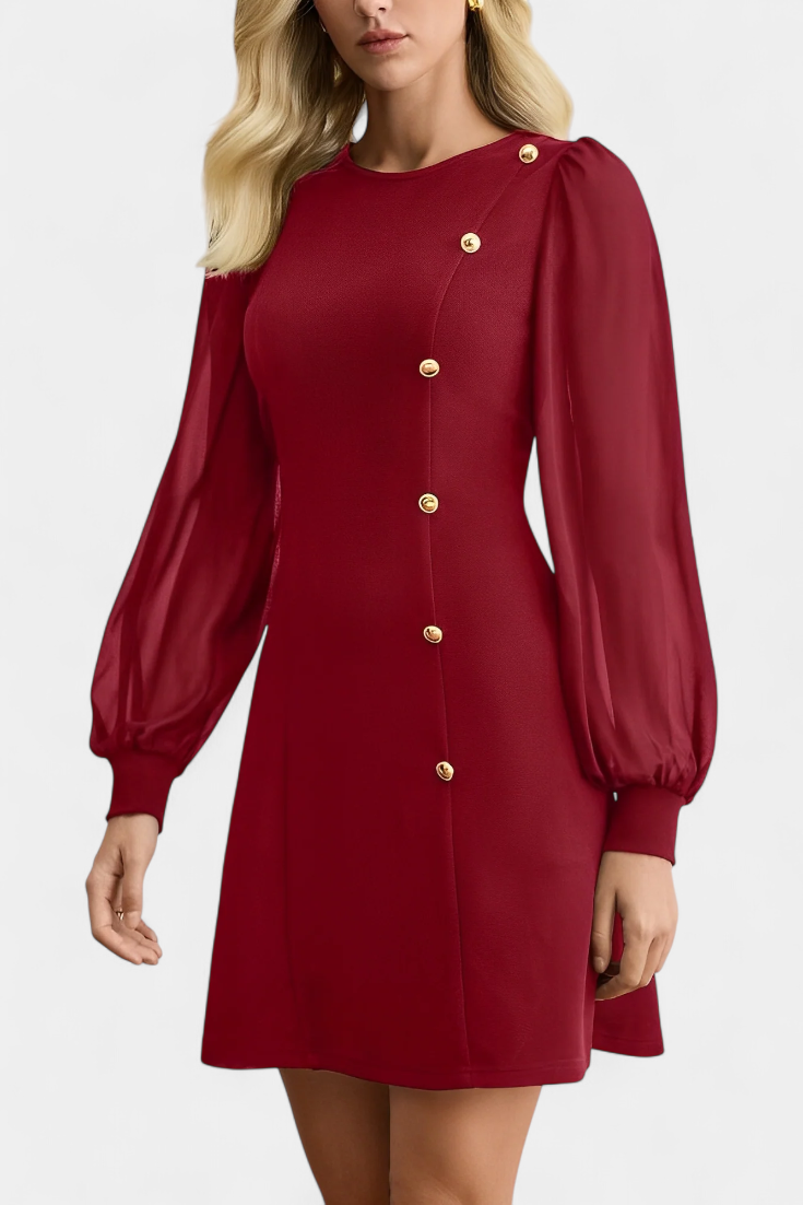 Jacequeline Vestido A-Line con Botones y Cuello Redondo