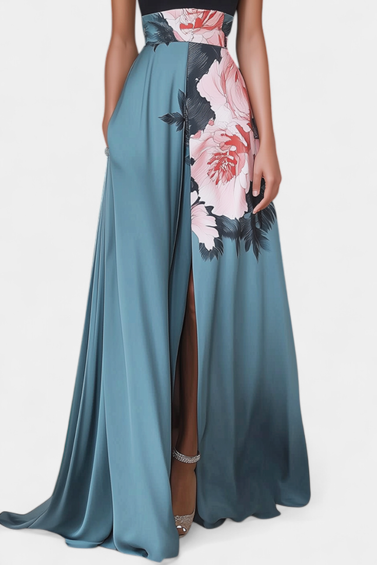 Radmila Vestido A-Line con Cuerpo Negro y Falda Floral en Contraste