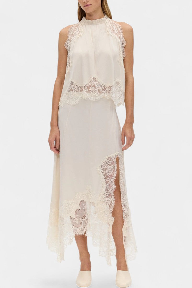 Coralena Conjunto de Falda Midi de Encaje con Dobladillo Asimétrico