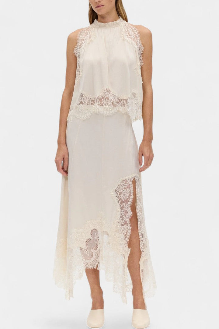 Coralena Conjunto de Falda Midi de Encaje con Dobladillo Asimétrico