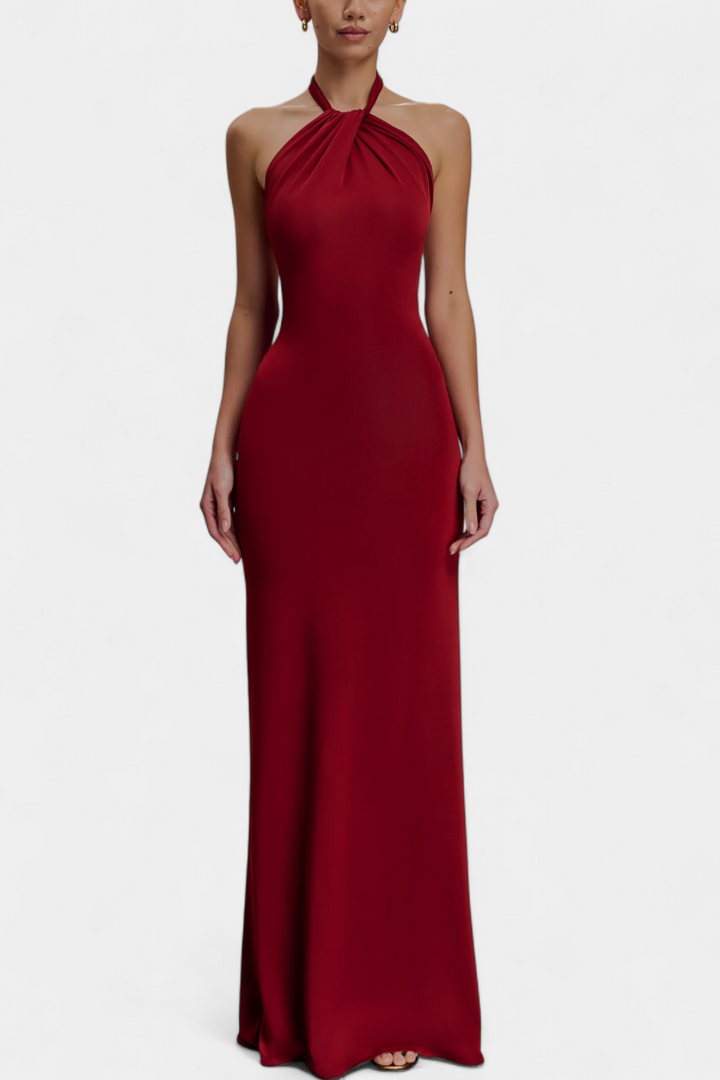 Trinity Vestido Halter Ajustado con Fruncido y Espalda Descubierta