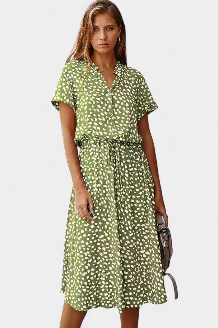 Rovena Vestido Midi de Lunares con Cuello Camisero y Cintura Ajustable