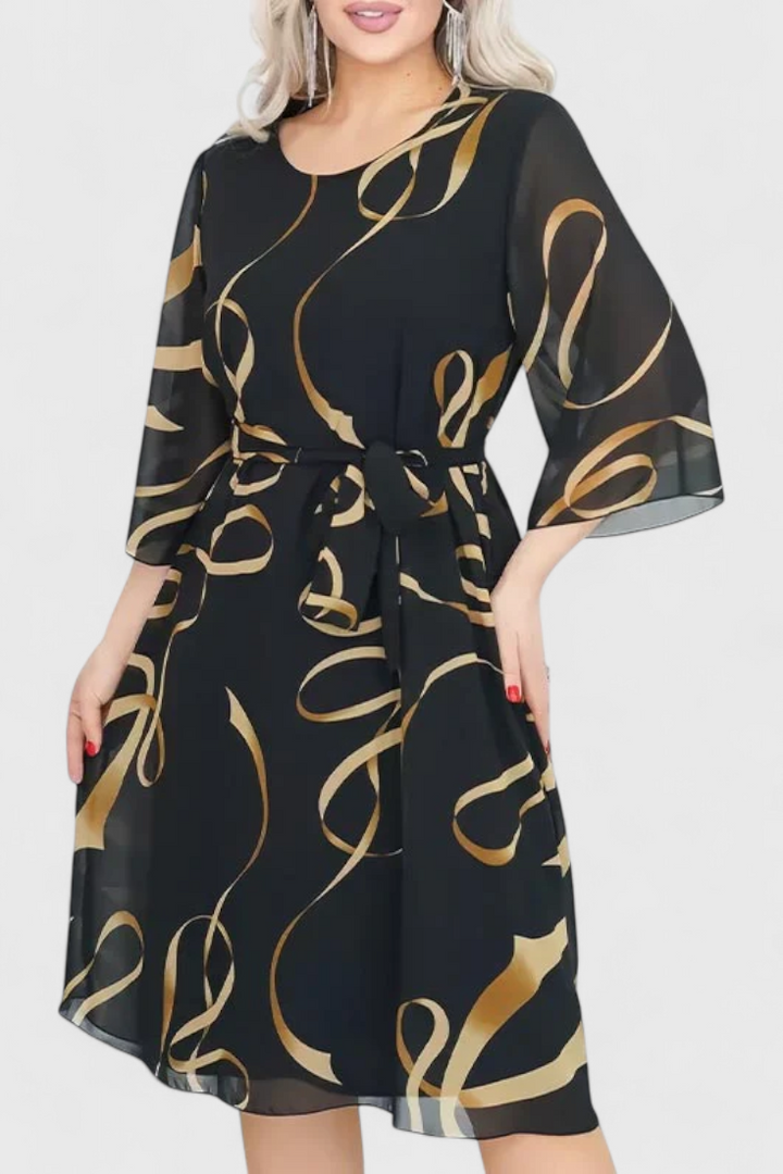 Ame Vestido Midi Estampado con Cinturón y Corte Versátil