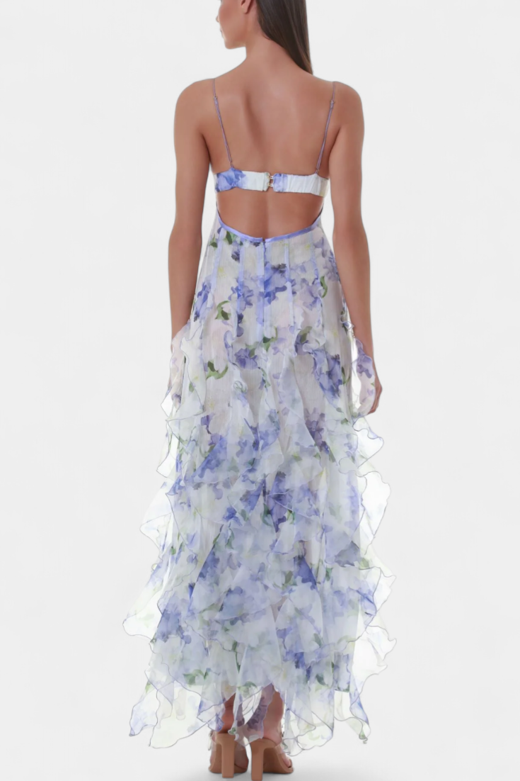 Bonnie Vestido Maxi con Volantes Florales y Corte Lateral