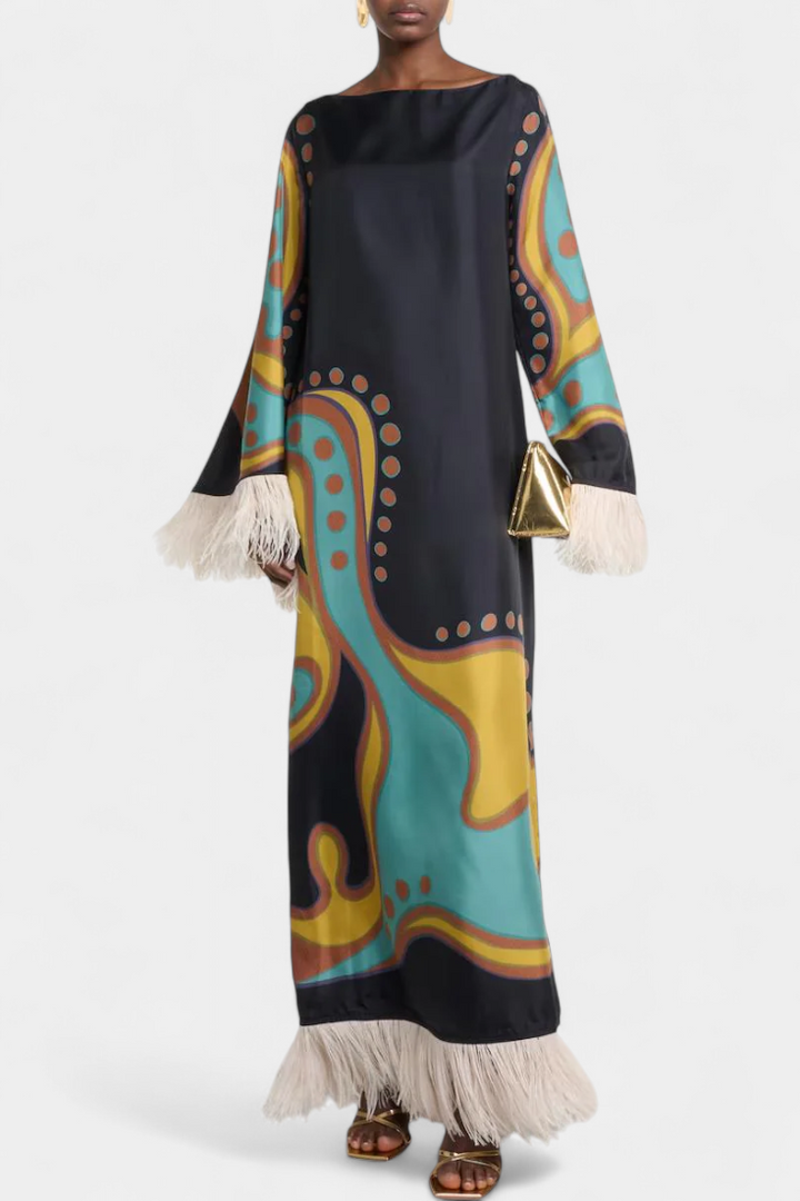 Kiara Vestido Maxi Retro con Flecos de Plumas