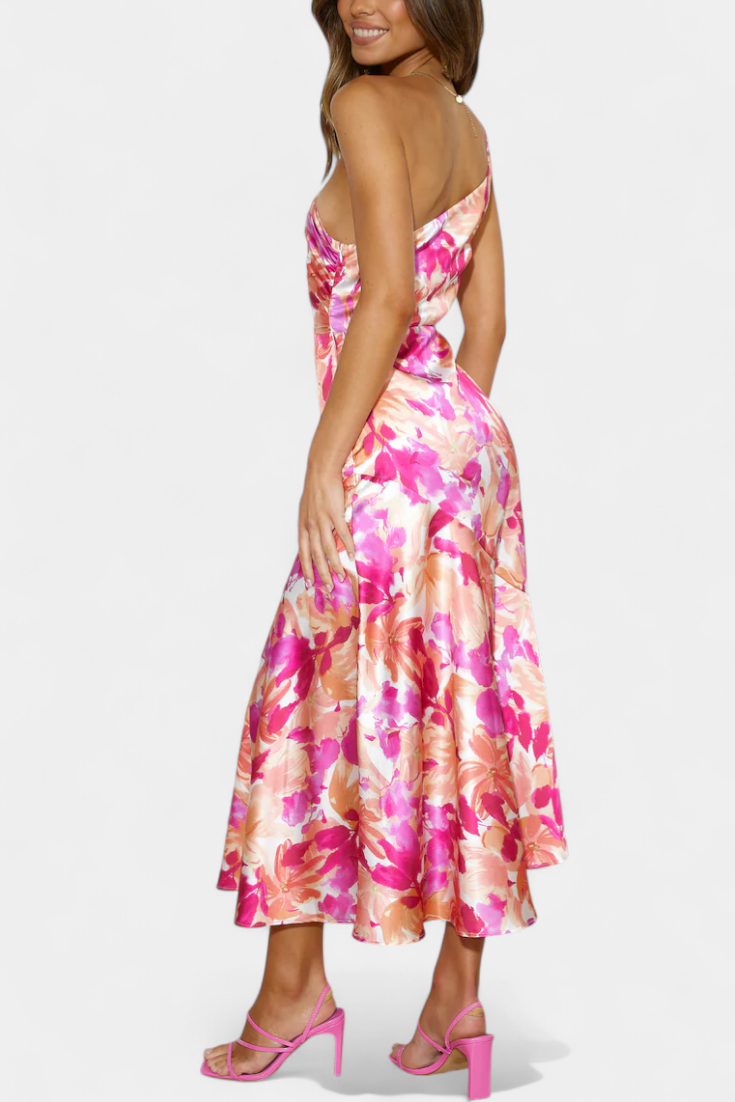 Reya Vestido Asimétrico de Un Hombro con Estampado Floral