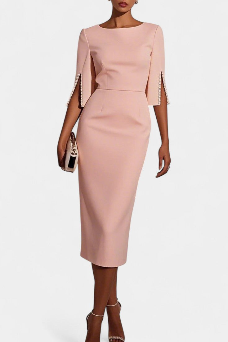 Reece Vestido Midi con Perlas y Cuello Redondo